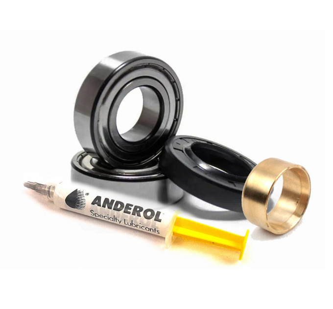 Комплект подшипников SKF 204 + 205, сальник 30×52×8,5/10,5 и латунная втулка 25×30×14 для стиральной машины Indesit / Ariston / Hotpoint