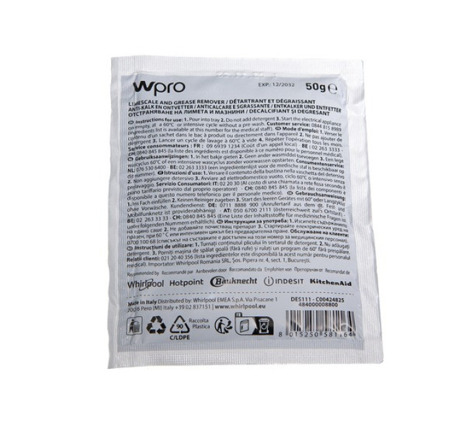 Порошок Whirlpool Wpro для удаления накипи, сашет - 484000008810 / 384875 / 484000008814