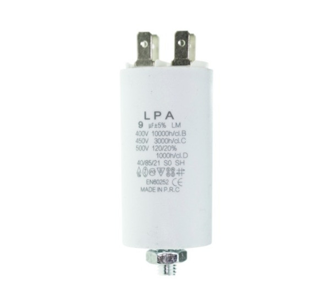 Конденсатор CBB60 9 мкФ 450V, с клеммами, резьбовым креплением и гайкой (LPA)