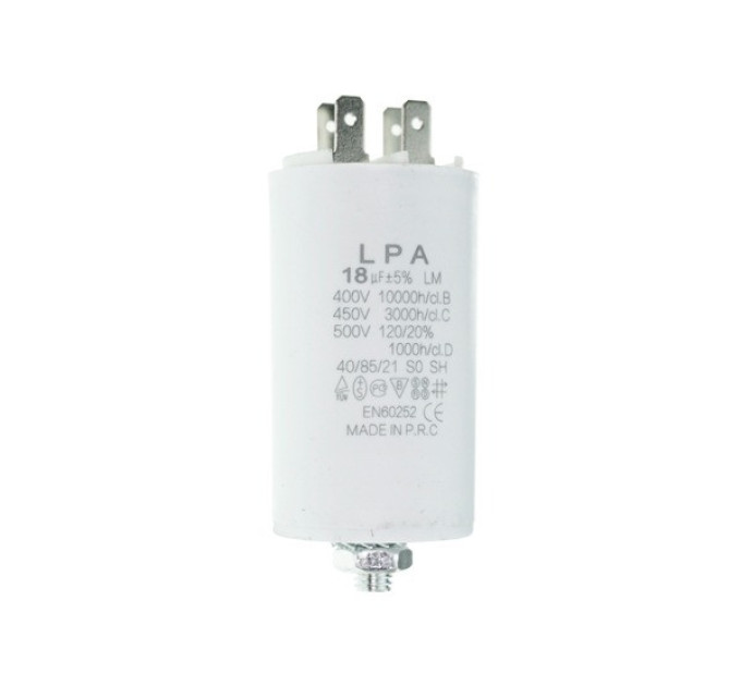Конденсатор CBB60 18 мкФ 450V, с клеммами, резьбовым креплением и гайкой (LPA)