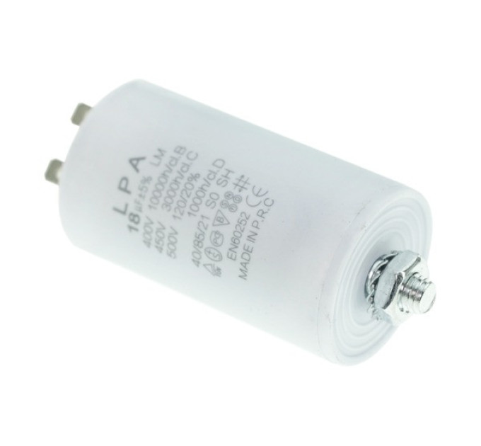 Конденсатор CBB60 18 мкФ 450V, с клеммами, резьбовым креплением и гайкой (LPA)