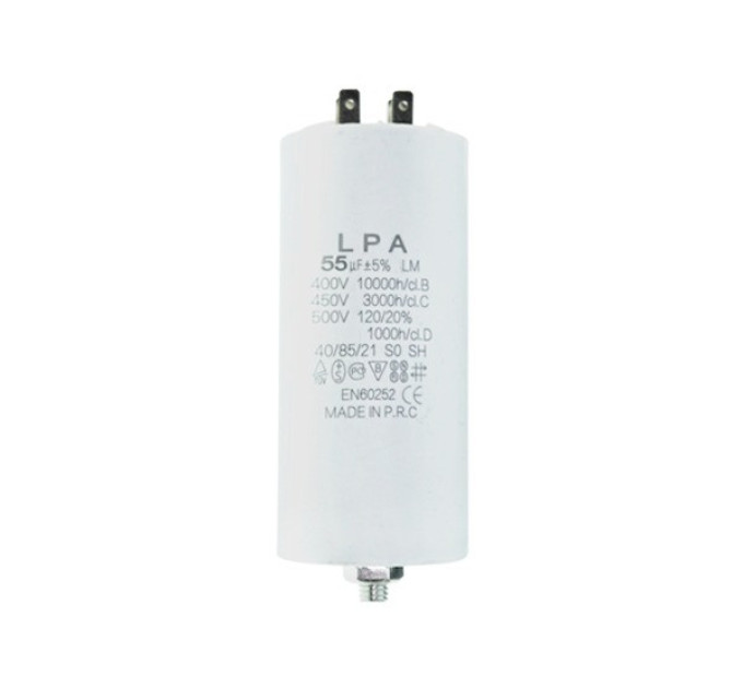 Конденсатор CBB60 55 мкФ 450V, з клемами, різьбовим кріпленням та гайкою (LPA)