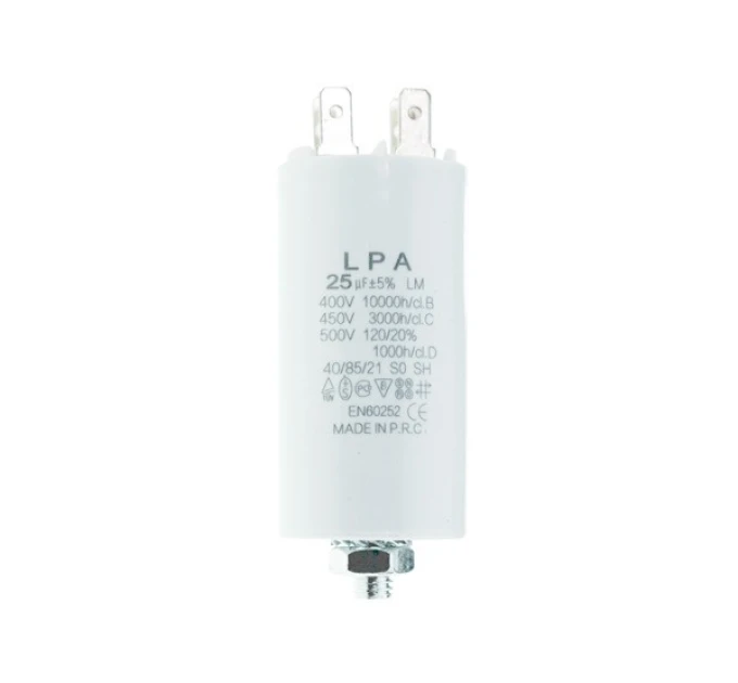 Конденсатор CBB60 25 мкФ 450V, с клеммами, резьбовым креплением и гайкой (LPA)